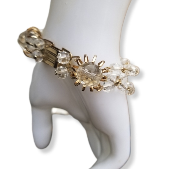 VINTAGE FACETED GLASS CRYSTAL BEAD & GOLDTONED CHAIN STATEMENT BRACELET - Picture 4 of 8